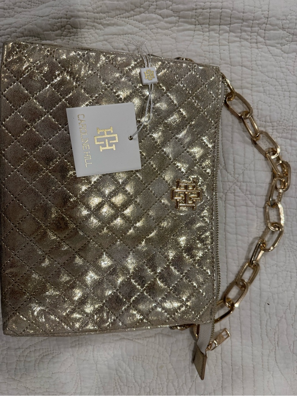 Caroline Hill Gold Quilted Chain Wristlet Clutch